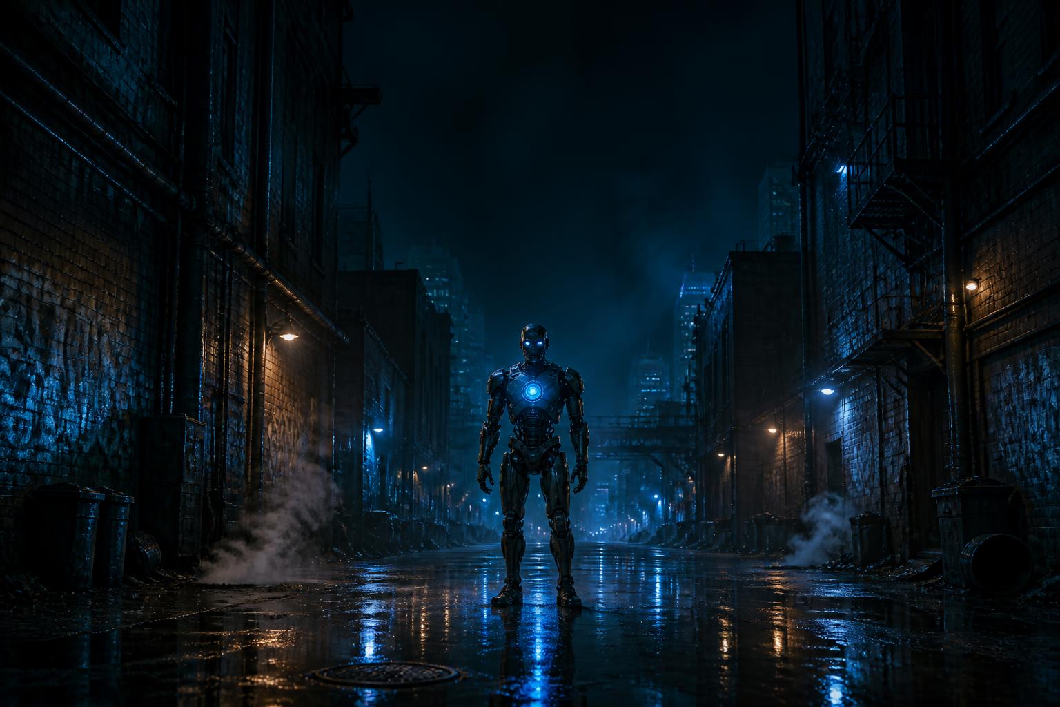 A lone humanoid robot with glowing blue eyes and chest core stands in a dark industrial alleyway